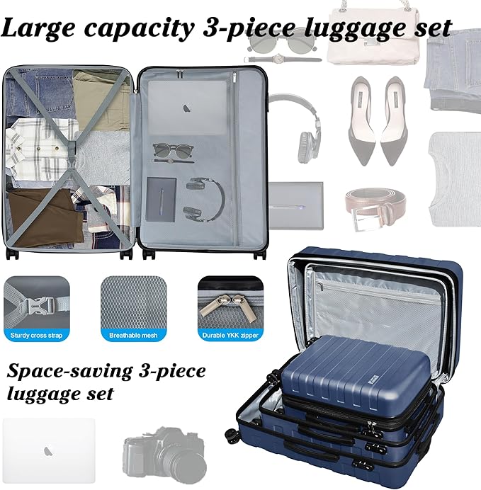 Zebra Luggage Sets 3 Piece, 20" Carry On Luggage with Spinner Wheels, Hardside Business Travel Suitcase Set with TSA Lock, Lightweight Suitcase,20/24/28 inch,Navy Blue