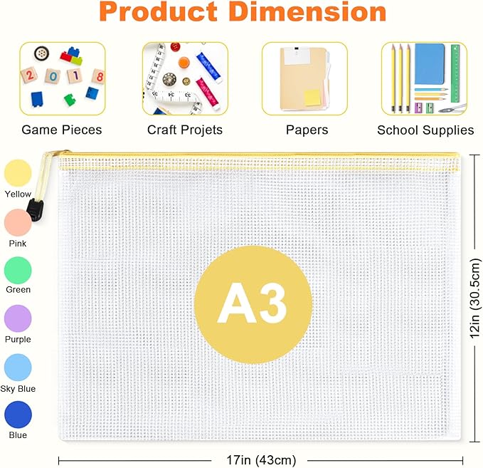 Mesh Zipper Pouch Bags: Clear Zipper Pouches for Classroom, Plastic Mesh Bag for Board Game Puzzles Storage, A3 Waterproof Organizing Pouch for School and Office Supplies (17 x 12Inch, 12PCS, 6 Color)