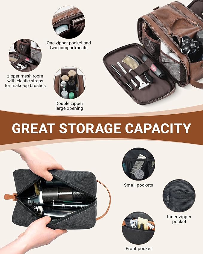 Elviros Travel Toiletry Bag Gift for Men，Mens Toiletries Bag Gifts Set Shaving Dopp Kit Water-resistant Bathroom Toiletries Organizer PU Leather Cosmetic Bags 2 Pack Dark Brown and Brown