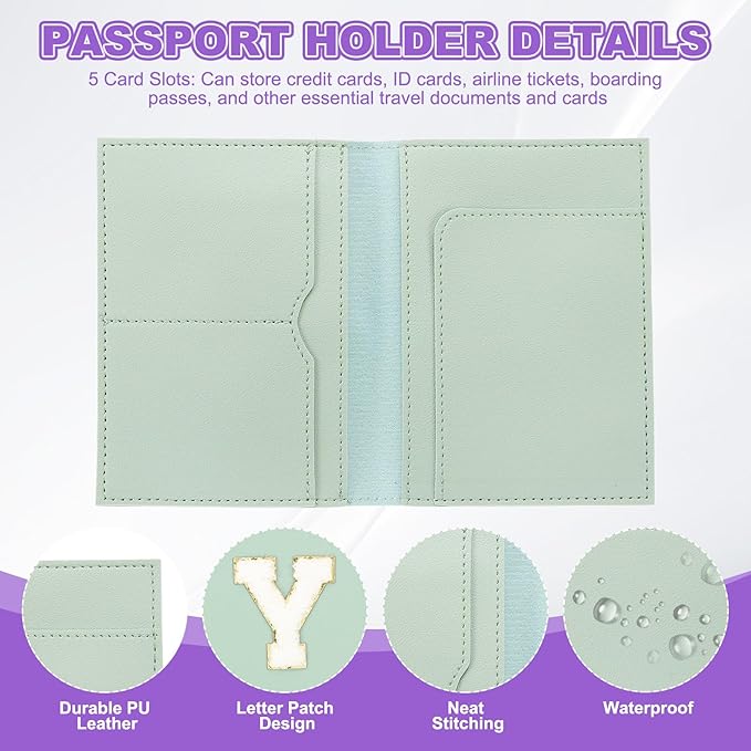PATIKIL Passport Holder for Travel, Initial Passport Cover and Luggage Tag Set with Alphabet Chenille Letter Patch Travel Wallet Bag Suitcase Identifier for Women Family Travel Green Y