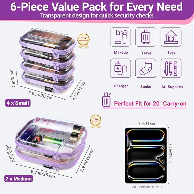 YQBRAO 6 Pack Clear Hard Shell Zipper Case, Hard Plastic Organizer Pouches for Travel, Small Items, Makeup, Electronics & Art Supplies - Crush-Resistant & Waterproof Storage (Purple)