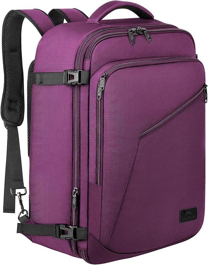 MATEIN Carry on Backpack for Women, 27L Flight Approved Backpack for Teacher Nurse, Fashion Expandable Airline Daypack for Plane, Lightweight Hiking Weekend Back Pack, Traveler Gifts, Purple