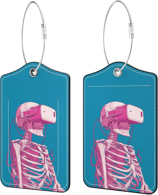 2 Pack PU Leather Luggage Tags for Suitcases, Privacy Protection Cover with Stainless Steel Loop and Address Card, Travel Cruise Essentials (Pink Skull)