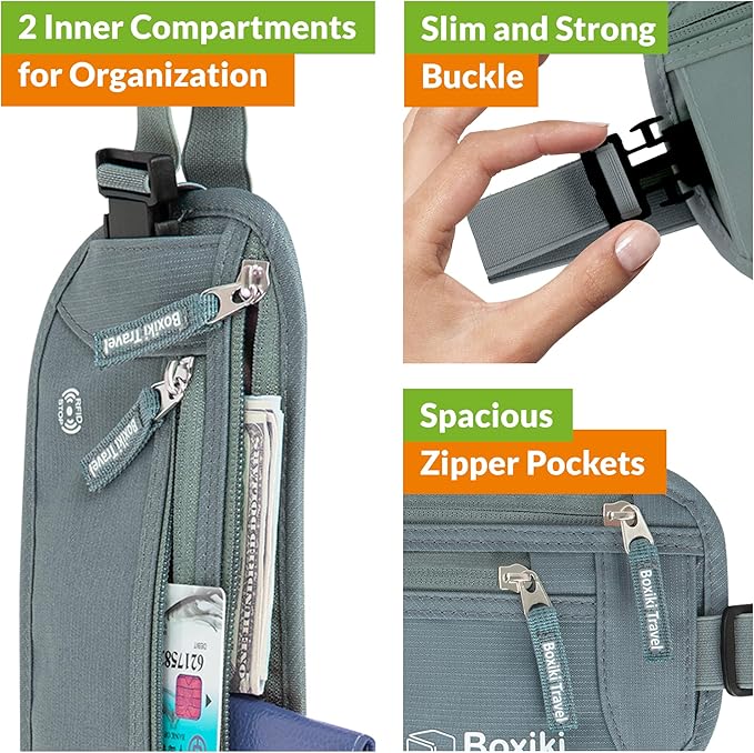 Money Belt for Travel w/RFID Blocking Technology - Hidden Travel Money Pouch for Cash, Credit Cards, Passport, and Travel Valuables - Secure Water Resistant Money Belt for Men & Women - Gray