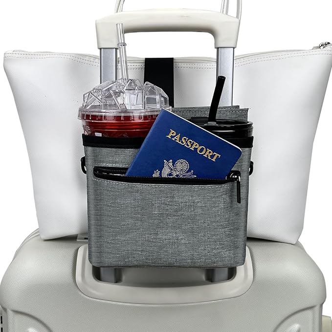 Travel Luggage Cup Holder, Liveagain Drink Caddy, Luggage Cup Holder Attachment, Free Hand Suitcase Drink Carrier for Drinks Beverages, Coffee, Bottles, Snack (Gray)