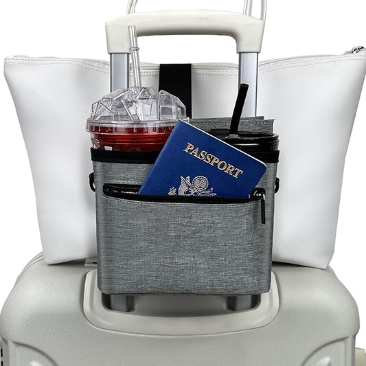 Travel Luggage Cup Holder, Liveagain Drink Caddy, Luggage Cup Holder Attachment, Free Hand Suitcase Drink Carrier for Drinks Beverages, Coffee, Bottles, Snack (Gray)