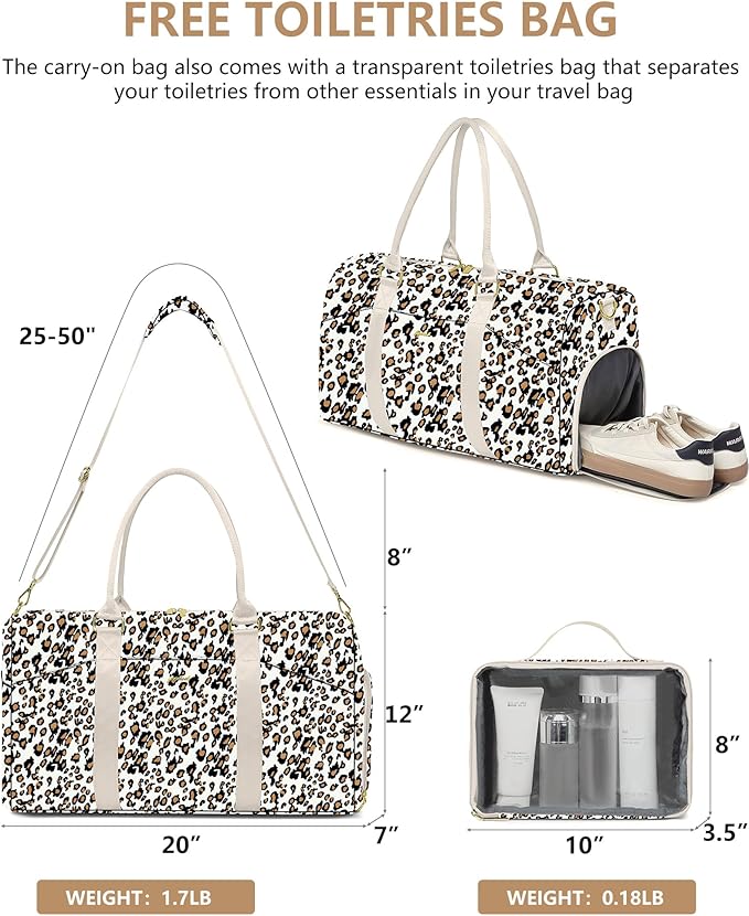 Women Weekender Travel Duffle Bag: Travel Duffel Overnight Bags with Shoe Compartment Large Carry on Tote with Toiletry Bag Weekend Traveling Yoga Gym Hospital Bag for Women with Wet Pocket Leopard
