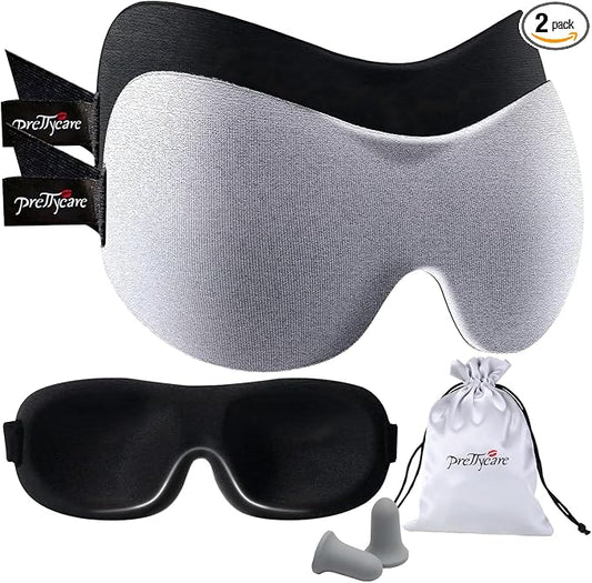 PrettyCare 3D Sleep Mask 2 Pack,Eye Mask for Side Sleeper -3D Contoured Sleeping Mask Blackout Out for Men Women - Zero Eye Pressure Blindfold with Ear Plugs, Night Masks with Travel Bag (Black＆Grey)