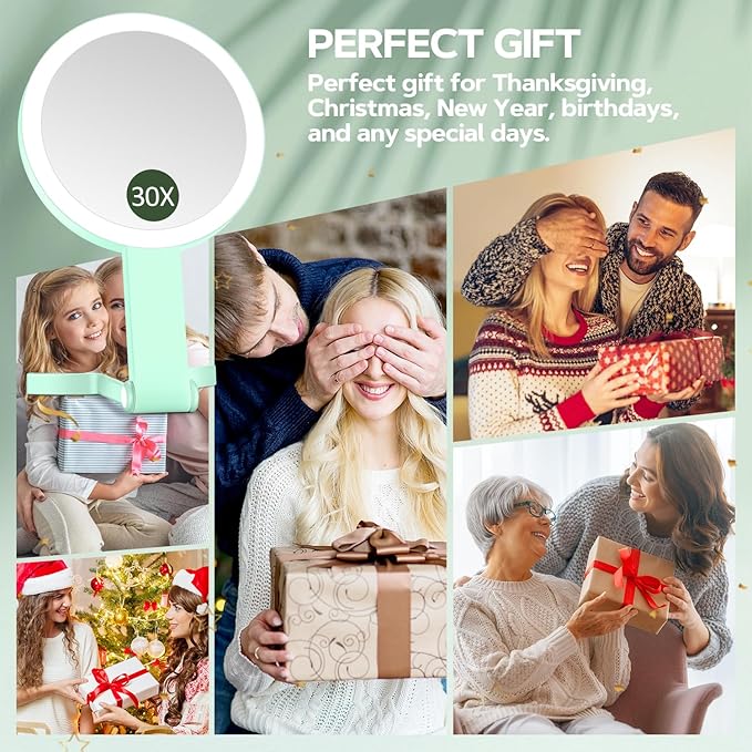 MIYADIVA Lighted Makeup Mirror, 30X Magnifying Mirror with Light, Hanging and Handheld Mirror with Handle, Green