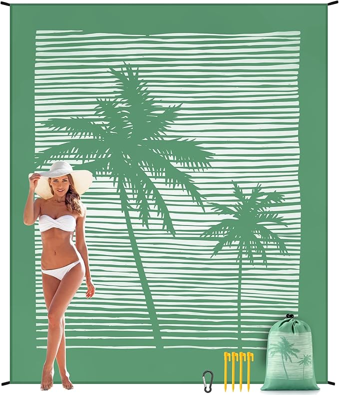 Beach Blanket Sandproof Extra Large Beach Mat Adults Waterproof Quick Drying Sand Free Mat with 4 Stakes & 4 Corner Pockets for Outdoor Travel Camping Hiking Green 79" X 83"