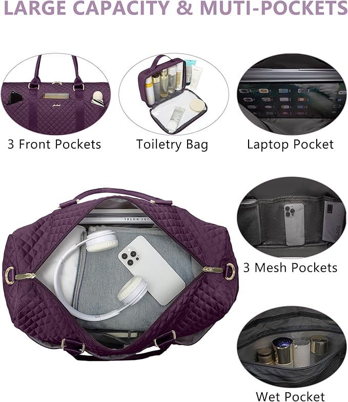 Women Weekender Travel Duffle Bag: Travel Duffel Overnight Bags with Shoe Compartment Large Carry on Tote with Toiletry Bag Weekend Traveling Yoga Gym Hospital Bag for Women with Wet Pocket Purple