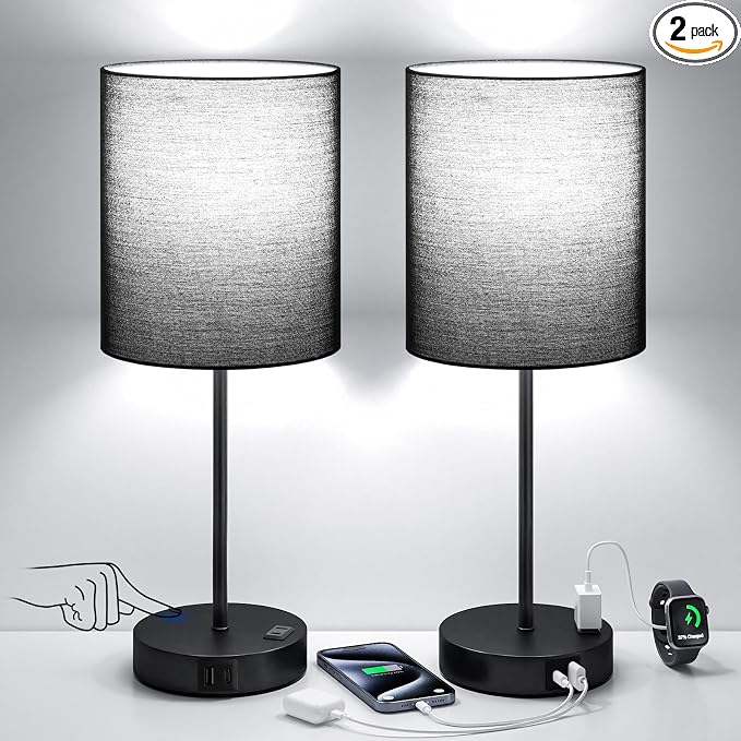 17.6" Black Touch Lamps for Bedroom Set of 2 - Dimmable, USB C+A, AC Outlet | Large 17.6" Tall Lamp, 3-Way Dimming, 5000K Daylight Bulbs, Black Lampshade Black Base, for Living Room, Boys, Men, Girls