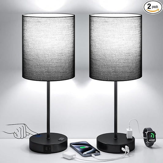 17.6" Black Touch Lamps for Bedroom Set of 2 - Dimmable, USB C+A, AC Outlet | Large 17.6" Tall Lamp, 3-Way Dimming, 5000K Daylight Bulbs, Black Lampshade Black Base, for Living Room, Boys, Men, Girls
