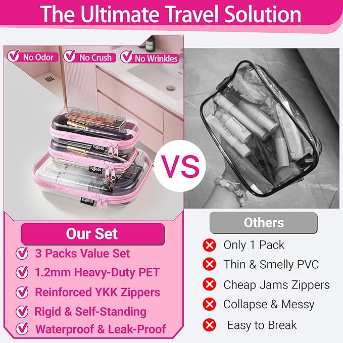 YQBRAO 3 Pack Hard Sided Clear Zipper Case for Storage- Thickened-Grade Clear Hard Shell Zipper Case for Organizing Bead, Handicrafts, Sewing, Toiletries, Makeup (Pink)