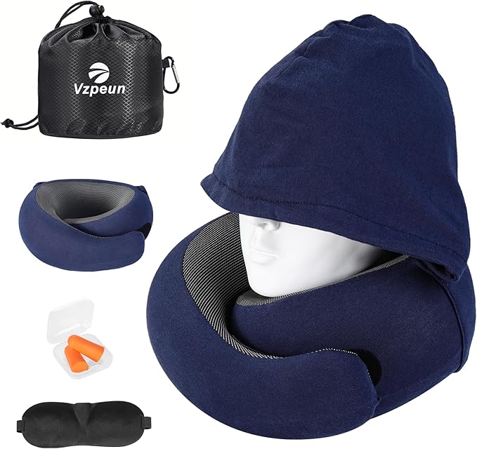 Travel Pillow - Hooded Neck Pillow Airplane Memory Foam Filling for Plane, Office, Cars Sleeping, Road Trip, Long Flights, Portable Plane Accessories, Includes Eye Mask & Earplugs (Navy)