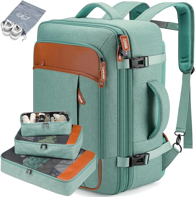 Lumesner Carry on Travel Backpacks, Extra Large 40L Flight Approved Bag for Men & Women,Expandable Suitcase Backpack With 4 Packing Cubes,Water Resistant Luggage Daypack Business Weekender Bag, Green