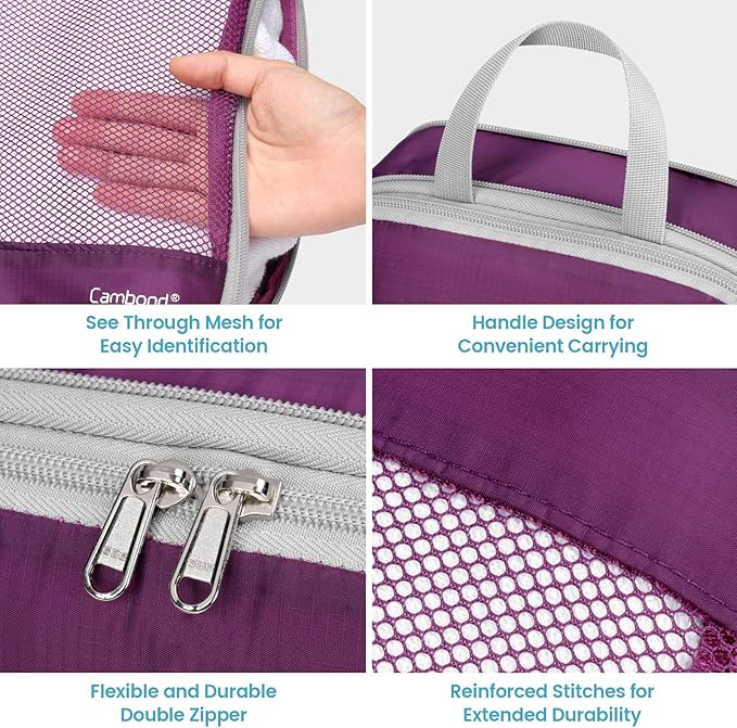 Cambond See Through Mesh Compression Packing Cubes - 4 Piece Expandable Space Saving Packing Cubes for Travel, Lightweight Travel Bags Luggage Packing Organizer Essentials for Suitcases, Purple