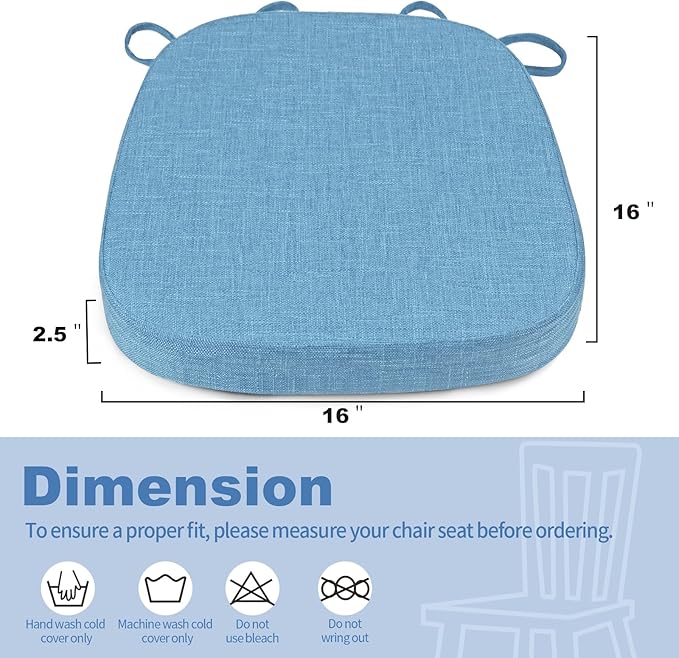 BUYUE Thickened 2.5" Dining Chair Cushions Set of 6, U-Shape High Density Foam Comfortable Chair Pads for Kitchen, Slip Resistant Indoor Seat Cushions (6 PCS, Light Blue)