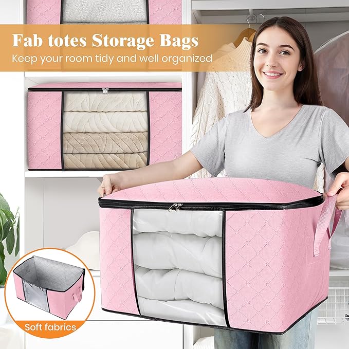 Fab totes 8 Pack Clothes Storage, Foldable Thick Fabric Blanket Storage Bags, Containers for Organizing Bedroom, Closet, Clothing, Comforter, Organization with Handle,Pink