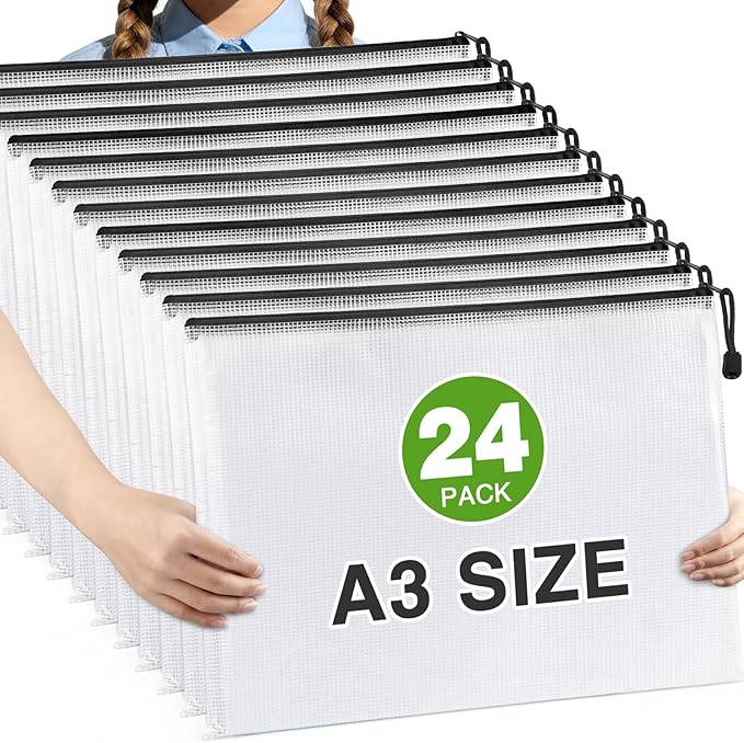 Umriox 24 Pack Zipper Pouches for Organizing, Black, A3 Size (16.9 x 12.4), Big mesh Bags, Zipper Bags for Puzzles & Board Game Storage, Office Supplies Travel Toiletries