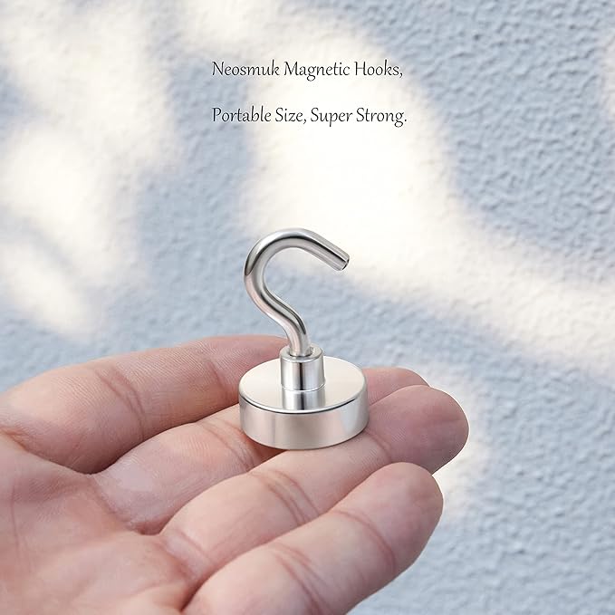 Neosmuk Magnetic Hooks,Heavy Duty Earth Magnets with Hook for Refrigerator, Extra Strong Cruise Hook for Hanging, Magnetic Hanger for Cabins, Grill (Silver, 6 Pack)