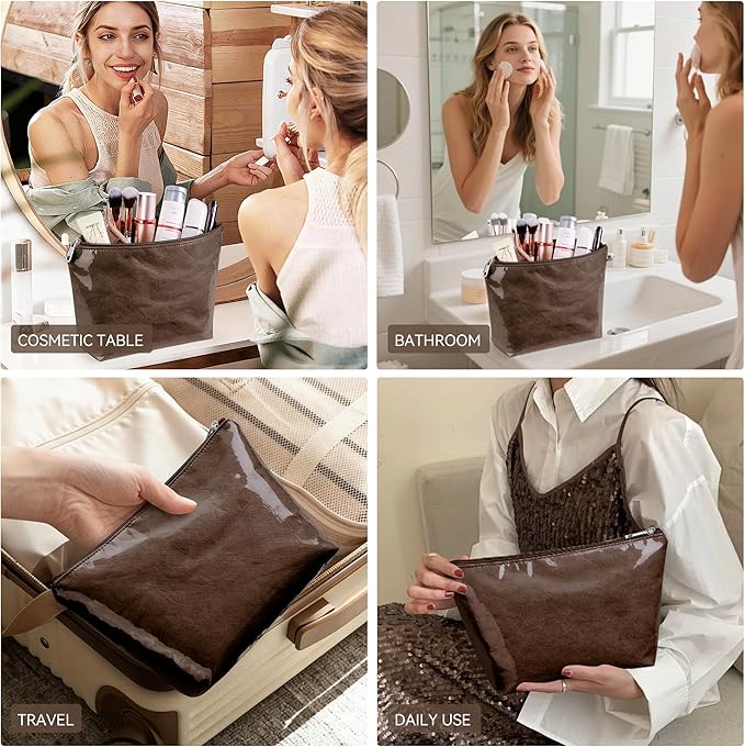 WLLWOO PVC Waterproof Makeup Bag Kraft Paper Cosmetic Bag Travel Toiletry Zipper Pouch Organizer for Women Purse