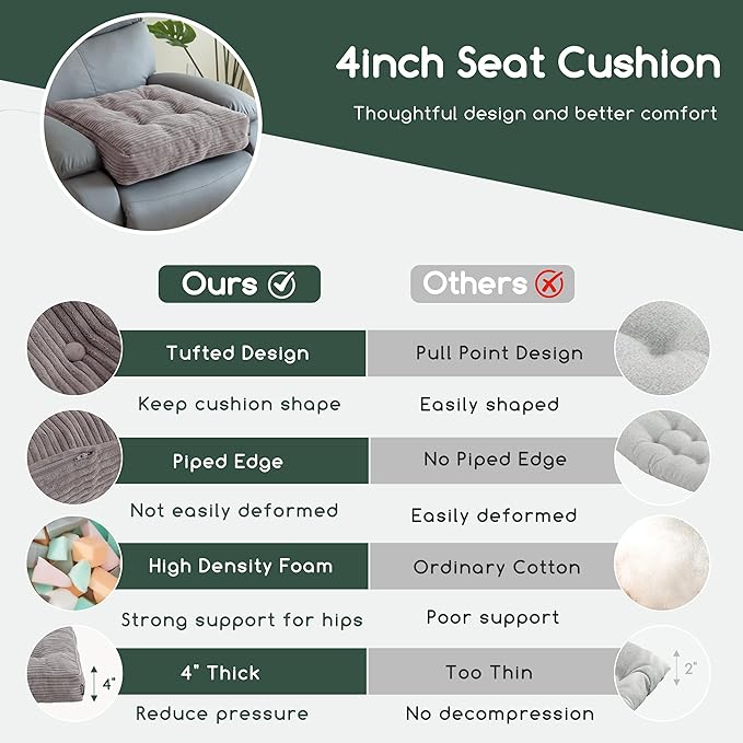 HIGOGOGO Tufted Corduroy Recliner Seat Cushion for Elderly, High Density Foam Large Square Seat Cushion for Recliner Chair, Floor Pillow, Office Chair, Car, No Pressure on Thighs, 20x20x4