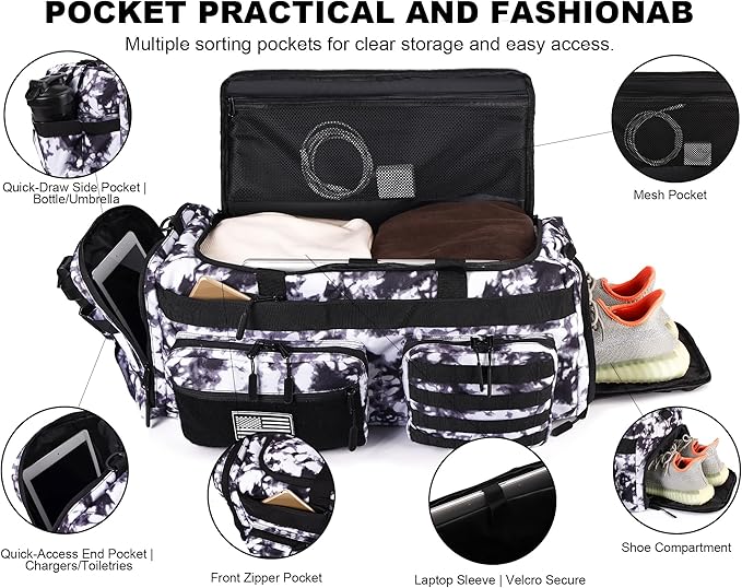 LHI 50L Tactical Duffle Bag for Men, 3-in-1 Gym Duffle and Backpack, Shoe Compartment, Laptop Sleeve and MOLLE, Carry-On Travel Weekender and Overnight Bag – Black and White