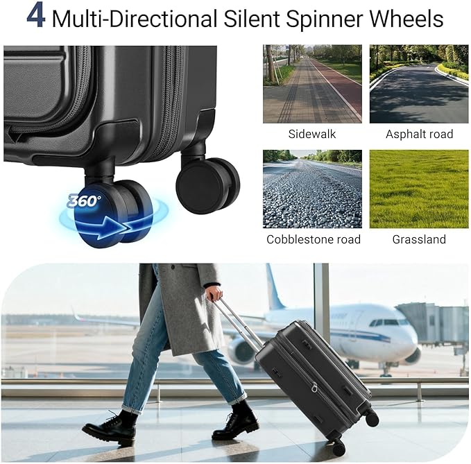 Carry On Luggage with Top Opening, Expandable with Front Pocket and USB Charging Port, Lightweight with Front Compartment Rolling Suitcases with Spinner Wheels (Grey, 20 Inch)