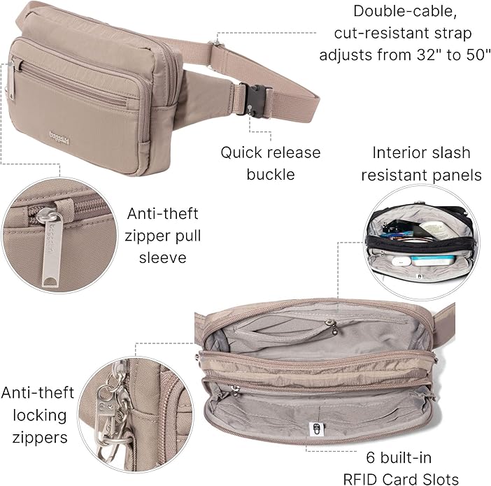 Baggallini Securtex Anti-theft Belt Bag 8.8"x5.5" Crossbody Fanny Pack for Women RFID Wallet Locking Zipper Travel Purse