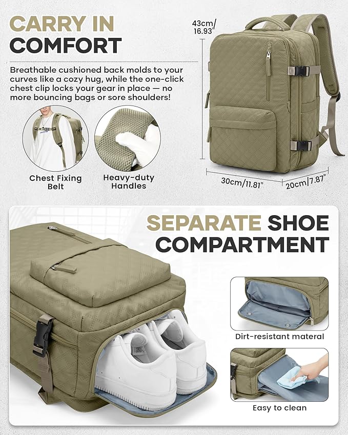 VECAVE Vacuum Travel Backpack with Pump for Women,Personal Item Carry on Backpacks Flight Approved 18x14x8 inches for Men,Laptop Waterproof Work Compression bags Casual Daypack Khaki.