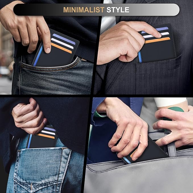 Travelambo Slim Wallet Front Pocket Minimalist Leather RFID Blocking Medium Size(Edge-Finished Black)