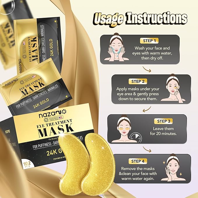 102 Pcs 24K Gold Under Eye Patches for Puffy Eyes, Dark Circles, Bags & Wrinkles with Sodium Hyaluronate - Eye Care Pads for Daily Skincare