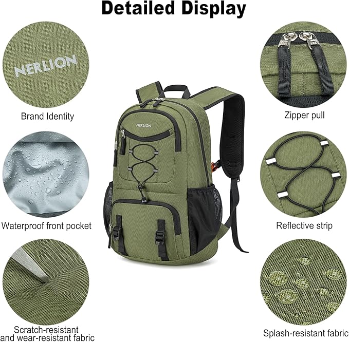 Nerlion Lightweight Foldable 35L Hiking Backpack Travel Backpack for Men Women Camping Waterproof Outdoor Hiking Daypack Backpack Green