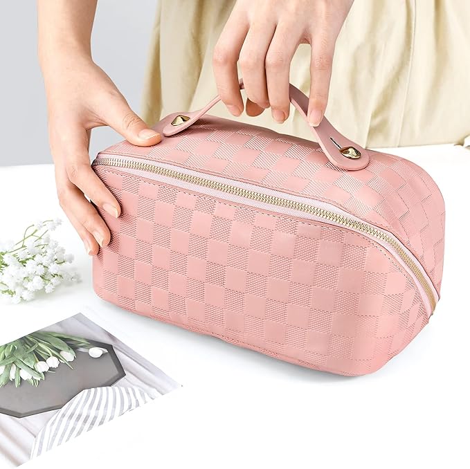 Large Capacity Travel Cosmetic Bag - Portable Makeup Bags for Women Waterproof PU Leather Checkered Makeup Organizer Bag with Dividers and Handle,Toiletry Bag for Cosmetics