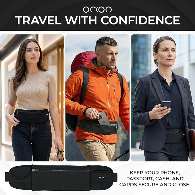 The Belt of Orion Slim Travel Money Belt for Men & Women – Anti-Theft Passport Holder Waist Pack, Low-Profile Fanny Pack for Phone, Cash & Cards (9” × 4”)