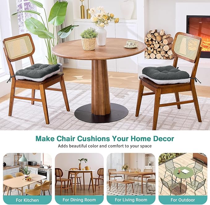 BETU Chair Cushions for Dining Chairs Set of 2,3.5" Thick Kitchen Table Chair Pads with Ties,Non Slip Backing and Covers, Seat Cushion for Dining Room,Bar,Patio Chairs,16"X16"X3.5",Dark Grey