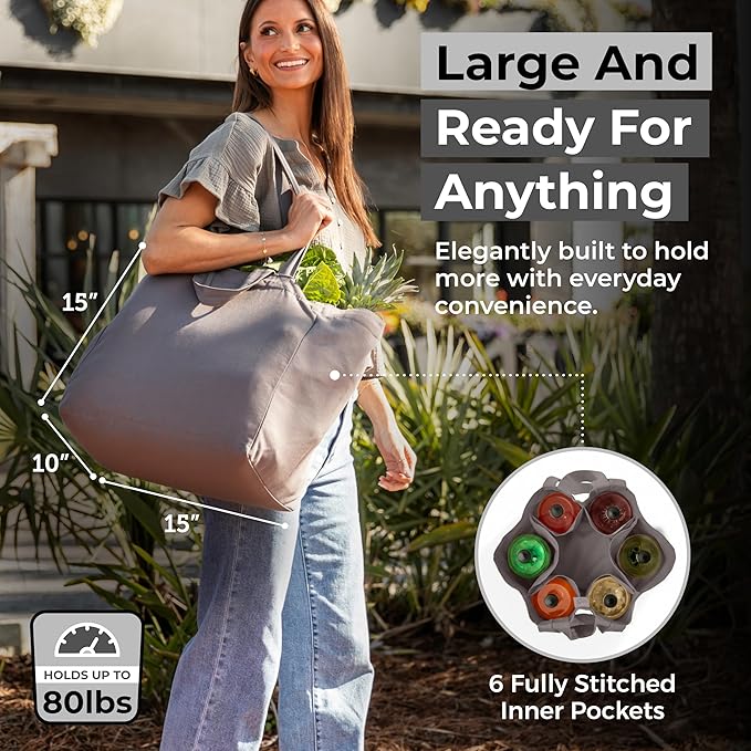VeraMia Canvas Grocery Bag 3pc XL Set with Real Pockets, Long Shoulder Strap and Short Handle. Heavy Duty, Foldable, Washable