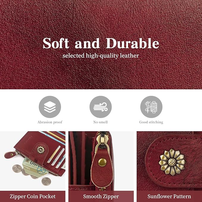 Wallet Women,RFID Blocking Real Leather Womens Wallet Bifold Compact Card Holder Small Wallet for Women with Removable ID Window Red