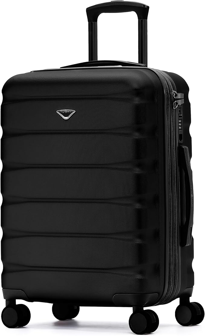 Flight Knight 24x16x10 Expandable Carry On Suitcase Hardside TSA Lock USB C Lightweight Luggage Silent Double Spinner Wheels Maximum Overhead Carry-On Bag For Virgin South West Approved Black