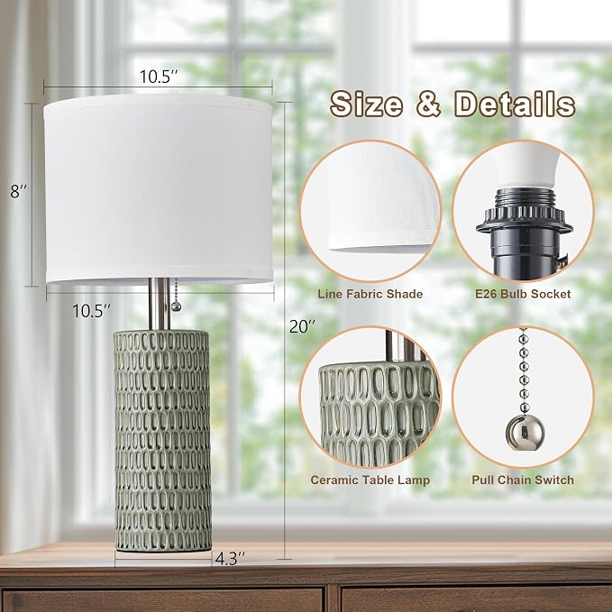 Reaketon Table Lamps for Living Room Set of 2, Ceramic Table Lamps for Bedroom, 20" Modern Lamps for Night Stands, Green