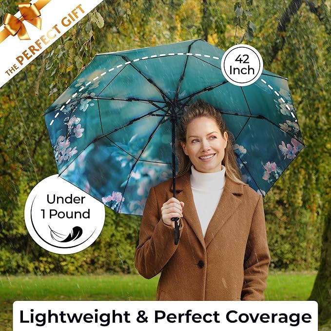 TUMELLA Strongest Windproof Travel Umbrella (Compact, Superior & Beautiful), Small, Wind-Tested, Light & Portable, Automatic Folding Rain Umbrella, Durable Premium Grip, Fits Car and Backpack