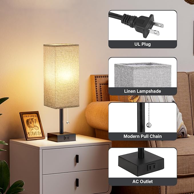 Bedside Lamp for Bedroom Set of 2 - Grey Table Lamp for Nightstand | AC Outlet, 3 Color Temperatures, LED Bulb Included, Pull Chain Design, 14" Rectangular Desk Lamp for Dorm/Office, 2-Pack