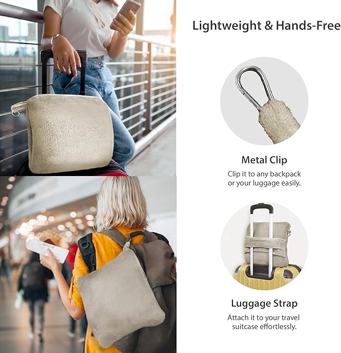 DEZ FURNISHINGS 4-in-1 Travel Compact Blanket Pillow Super Soft Velvet with Luggage Sleeve and Backpack Clip, Tan, 60" x 45"