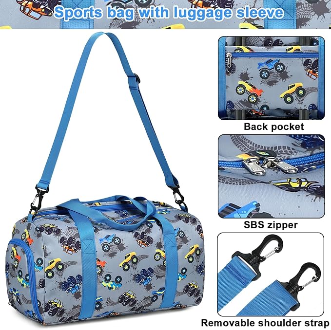 BTOOP Duffle Bag for Girls Kids Gym Sports Women Workout Travel Bag Weekender with Shoe Compartment and Wet Pocket (Truck-Blue)