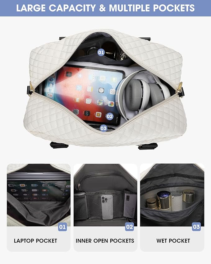 Weekender Travel Duffle Bag for Women: Overnight Bags with Shoe Compartment Carry on duffel Bag for Airplanes with 2 PCS Toiletry Weekend Yoga Gym Hospital Bag with Wet Pocket Black Beige