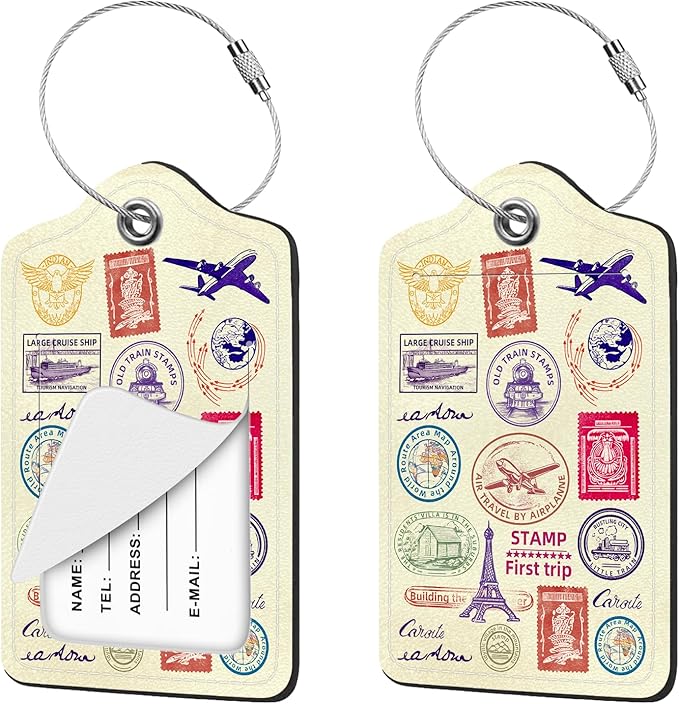2 Pcs Luggage Tag for Suitcases, Travel Stamp Cute PU Leather Suitcase Tag Privacy Cover ID Label with Metal Loop, Personalized Baggage Identifier for Women Cruise Bag Travel Essentials