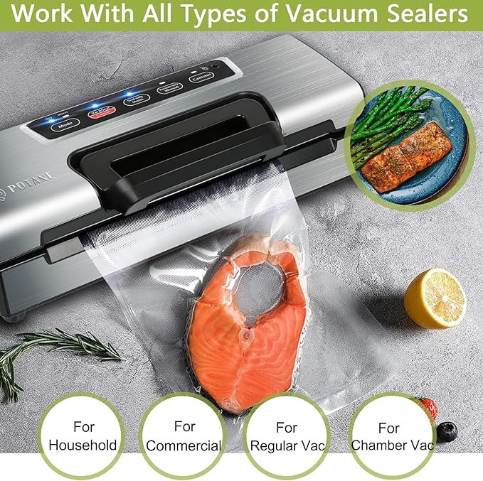 Potane 8 Pack 8"x20'(8Rolls) Thickened Vacuum Sealer Bags For Food, Textures on Both Sides, Smell-Proof, Heavy Duty for POTANE, Food Saver, Weston, Sous Vide