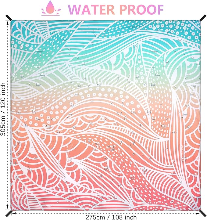 Beach Blanket Waterproof Sandproof Beach Mat for 1-8 Adults Quick Drying Durable Outdoor Picnic Mat for Beach Festival Travel Camping Hiking (Gradiant P&GN-Ripple, 120"×108"(8 Person))