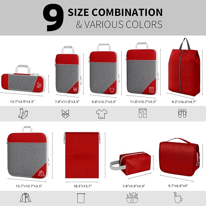 9-Set Packing Cubes with Hanging Bag | 9-Size Combination, Mesh Fabric & Reflective Stripe | Travel Luggage Organizers (Red)